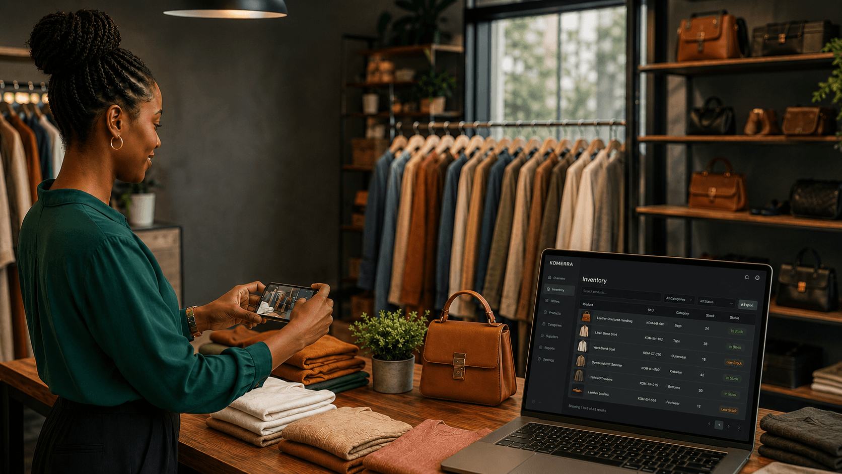Fashion business owner using a smartphone inside a clothing store.