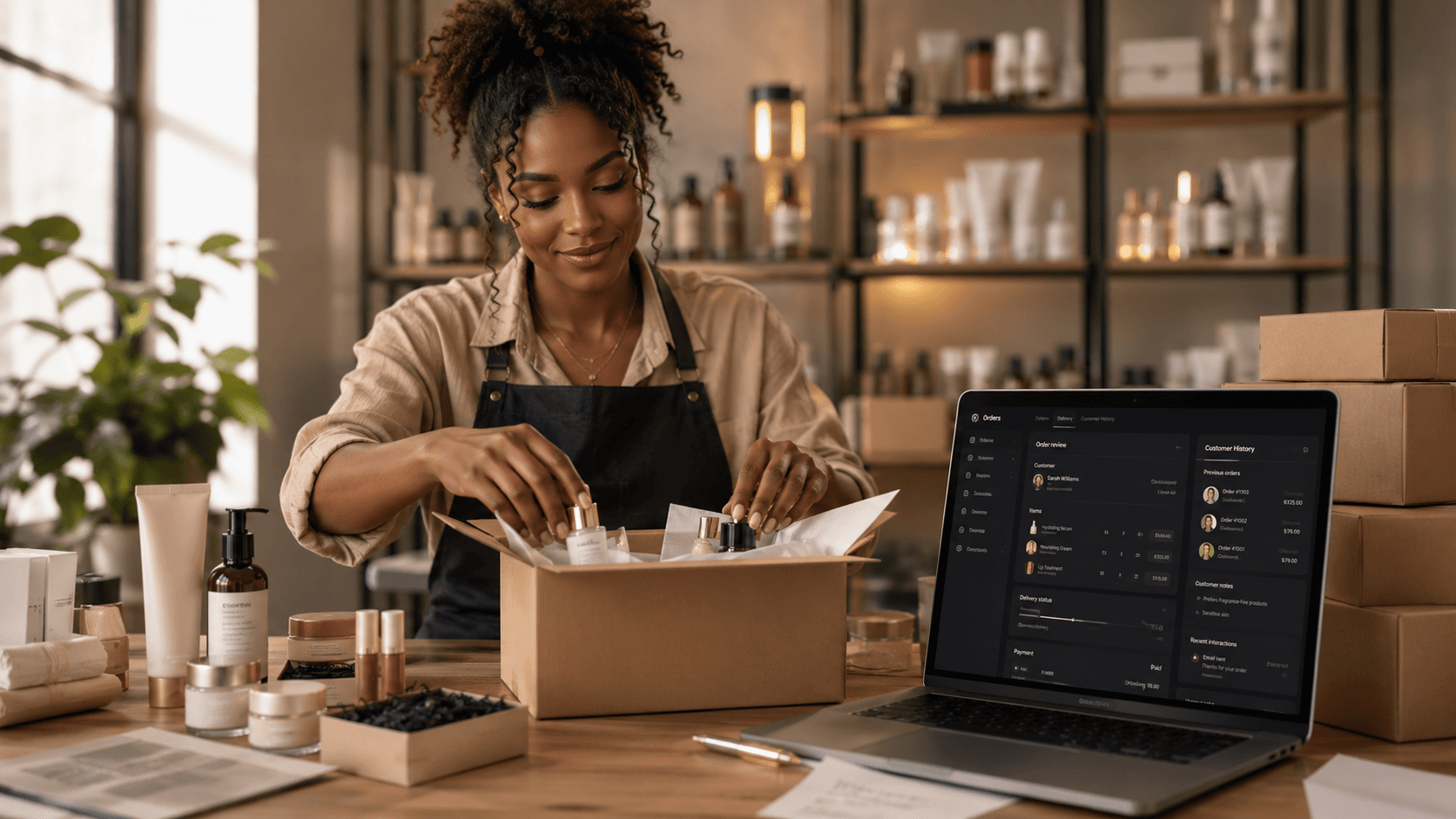 Small business owner carrying packed customer orders in a bright workspace.